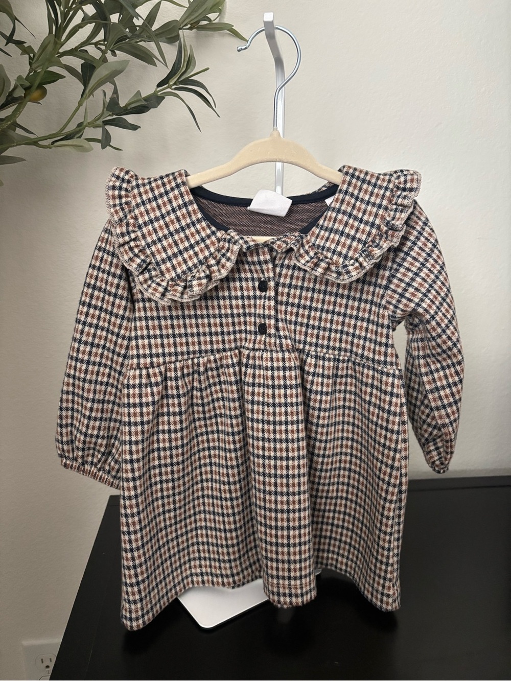 Zara Plaid  Ruffled Collar Long-Sleeve Dress - Beige & Black